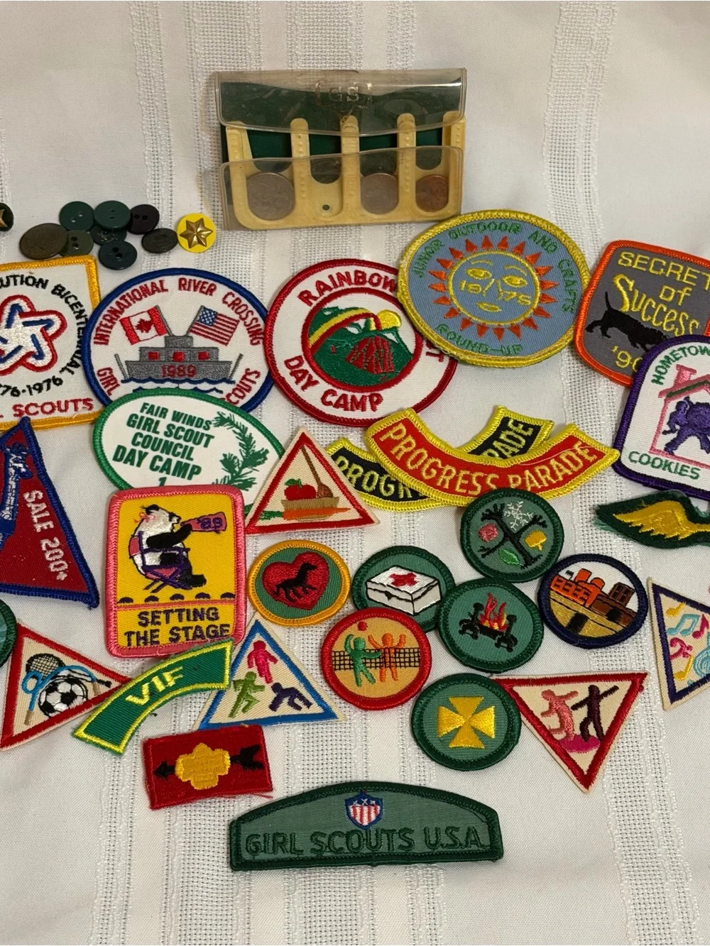 Vintage Girl Scout Patches Pins Badges Uniform Buttons Coin Dispenser